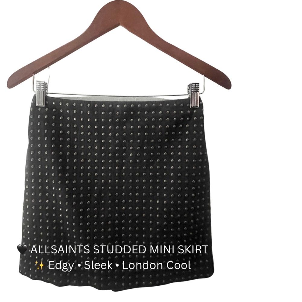 👉 AllSaints Studded Black Mini Skirt | Pencil Fit, Silver Hardware, US 6